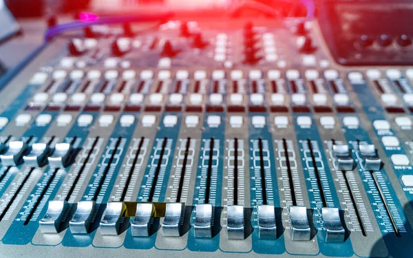 Electronic volume radio technologies. Close up of musical studio mixer.