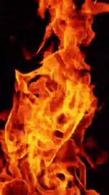 Alevler yükseliyor. Karanlıkta yanan şenlik ateşi yakından izole edilmiş. Dikey video