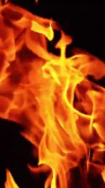 Büyük şenlik ateşinde ağaç dalları yanıyor. Kamp ateşi kara zeminde izole edilmiş. Dikey video