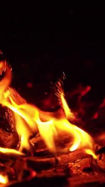 Sopa sıcak közlere çarpar. Küçücük kıvılcımlar uçuşuyor. Şenlik ateşi sönüyor. Kapatın. Dikey video