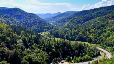 Dağ vadisi ve yeşil ormanın hava manzarası. Romanya 'nın Karpat Dağları' ndaki mavi gökyüzünün altında sık ormanlarla çevrili güzel dağ vadisi.