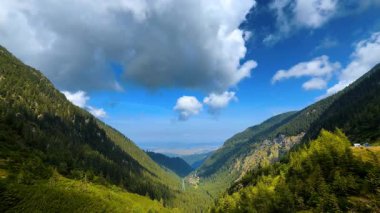Çam ağaçlarıyla kaplı inanılmaz yeşil dağlar. Kümülüs bulutları yukarıdaki mavi gökyüzünde asılı.
