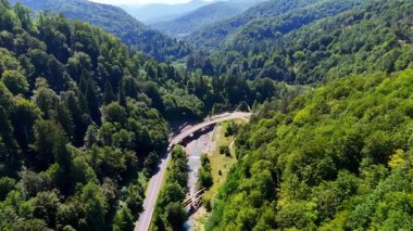 Romanya 'nın yeşil Karpat ormanlarından geçen dağ yolu. Romanya 'nın Karpatlar kentinde yoğun yeşil ormanlarla çevrili bir dağ vadisini geçen dolambaçlı bir yolun hava manzarası.