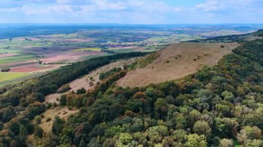 Renkli tarım arazilerinin ve kırsal yolların havadan görünüşü. Küçük bir yol ve ufuk manzaralı yeşil ve kahverengi tarlalara bölünmüş tarım arazilerinin insansız hava aracı görüntüsü.