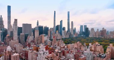 Hava perspektifinden New York 'un göz kamaştırıcı puslu manzarası. Muhteşem gökdelenlerle çevrili renkli ağaçlarla Central Park 'ın manzarası.