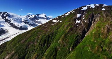 Küçük kar ve yeşil yosunlarla kaplı dev kayanın yamacındaki görüntüler. Arkaplanda karla kaplı dağlar. Alaska, ABD.