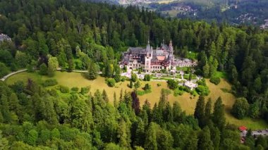 Romanya 'nın Prahova Eyaleti' ndeki ünlü Peles Şatosu 'nun etrafındaki yemyeşil ormanlarda uçuş. İHA görüntüleri Karpat Dağları üzerinde.