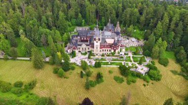 Romanya 'nın Prahova eyaletindeki Peles Şatosu' nun Karpat Dağları 'ndaki muhteşem mimarisi. İHA görüntüleri ağaçlarla çevrili bölgeye yaklaşıyor..