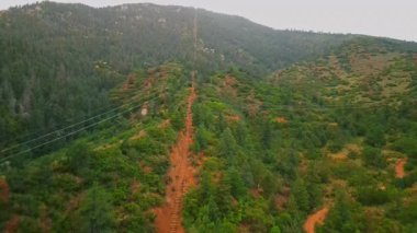 Dağın zirvesine çıkan birden fazla basamağa bakın. Colorado, ABD 'deki Manitou Springs Incline' in çarpıcı rotasına hava perspektifi.