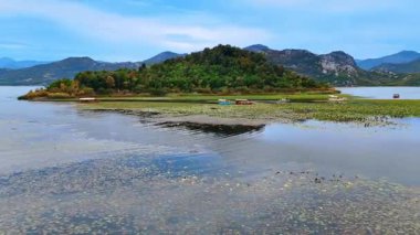 Nilüferler dağlardaki gölün engin sularını kaplarlar. Yeşilliklerle kaplı kayalık adanın yakınındaki sudaki teknelere yaklaşıyoruz..