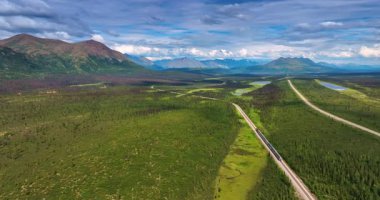 Yeşil vadiden geçen bir trene yetişiyorum. Alaska, ABD 'de muhteşem bir seyahat. Arkaplanda muhteşem dağ sıraları.