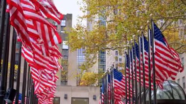 New York, USA, 6 November 2025: Plenty of American flags in two rows outdoors. Windy autumn day in New York, USA. Facades of the buildings at backdrop.
