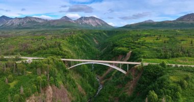 Bridge over deep Alaskan gorge. Aerial view of a high bridge spanning a deep forested Alaskan gorge