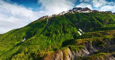 Green mountain slopes with summer snow. Bright green Alaskan slopes are streaked with thin summer snowfields under blue sky.