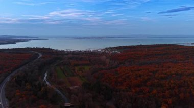 Fantastic colorful autumn woods at the shore of the sea. Residential area located at the coast. Drone footage at sunset time.