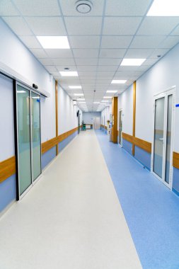 Empty hospital corridor interior. Bright hospital corridor with blue floor and glass doors in modern clinic.