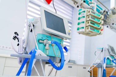 Ventilator screen and control panel view. Display of life support equipment in clean intensive care room