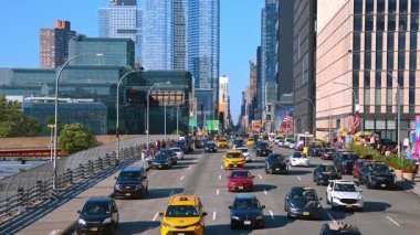 New York, USA, 28 August 2025: Hectic traffic on the wide-lane street of New York. Lively lifestyle of Big Apple. Aerial view.