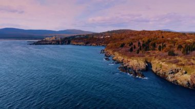 Vegetation colored orange and brown in autumn covers the rocky shore of the sea. Some beautiful houses stand on the coast at backdrop.