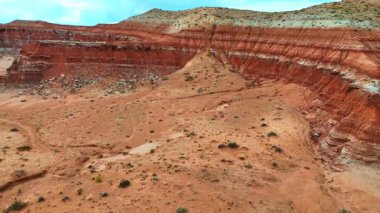 Eğri şekilli kayalar ve görünür katmanlar. Kumlu çölde nadir bulunan yeşil çalılar yetişir. Arizona, ABD. Hava görünümü.