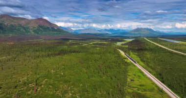 Engin Alaska Tundra ve Boreal Ormanı 'ndan Tren Yolculuğu. Uçsuz bucaksız yeşil tundrada demiryolu hattından geçen modern bir yolcu trenini görüntüler.
