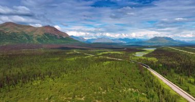 Vadideki yoğun ladin ormanından geçen Alaska Demiryolu Treni. Yükseltilmiş bir bakış açısı Alaska Demiryolu 'ndan gelen bir yolcu trenini yakalıyor.