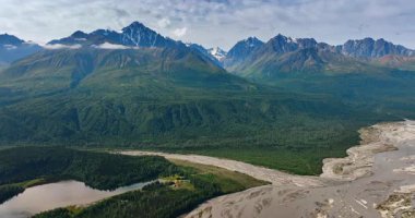 Buzul Irmağı ve Ormanı, Büyük Dağ Arkaplanı. Etkileyici bir sahne, boreal ormanın koyu yeşil kenarından akan çökelti yüklü, örgülü bir buzul nehrini gösteriyor.