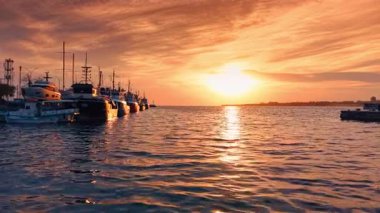 Gün batımının altın ışığıyla boyanmış engebeli su manzarası üzerinde hızlı bir uçuş. Rıhtımda duran balıkçı teknelerinin alçak açılı görüntüsü.