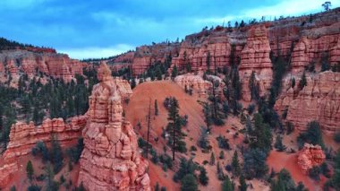 ABD 'nin Utah eyaletindeki Red Canyon Ulusal Parkı' nda sersemletici kayalar var. Nadir bulunan kozalaklı ağaçlar manzarada yetişir. Hava görünümü.