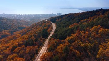 Sonbahar renklerine sahip ağaçlar kıyıya doğru uzanan kıvrımlı bir yolun etrafını sarar. Sahne, tepeleri ve uzak bir sahil kasabasını gösteriyor. Bu bölgede parlak yeşillikler ve açık gökyüzü var..