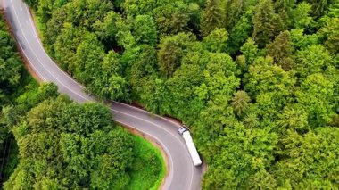 Yoğun yeşil ağaçlarla çevrili virajlı bir yolda bir kamyon seyahat ediyor. Sahne açık bir gökyüzü ve gün ışığını gösteriyor, yolun yolunu aydınlatıyor..