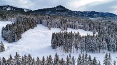 Karla kaplı geniş bir alan ve bulutlu bir gökyüzünün altında açık alan. Uzakta dağlar yükselir, kış manzarasına eklenir.