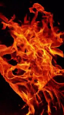 Büyük bir şenlik ateşinde odun kütükleri yığılıp yakılmış. Ateş alevleri karanlıkta sağa doğru bükülüyor. Dikey video