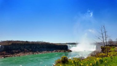 Sayısız kuş Niagara şelale grubunun şelalelerinde uçar. Kanada 'nın ünlü doğa simgesini izliyorum..