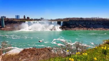 Niagara Şelalesi, güneşli bir günde kayalıklardan aşarak nehre dökülen güçlü suyu gösteriyor..