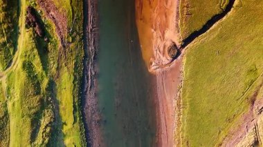 Yeşil bankalar arasında akan dar nehrin üzerinden uçmak. Bazı martılar su üzerinde uçar..