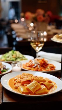 Restoranda makarna tabakları, salata ve şarap ile yemek masası. Farklı makarna tabakları ve salatalar yakınlarda bir bardak şarapla yemek masasında oturur..