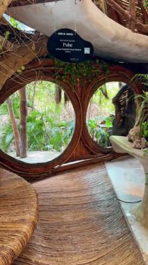 Tulum, Meksika, 9 Ağustos 2025: Tulum, Meksika 'daki Azulik Resort' taki güzel sanat galerisinin önünden geçeceğiz. Dikey video. Eşsiz organik mimariyi birleştiren kompleks sanat, doğa ve refahı harmanlıyor. Dikey video.