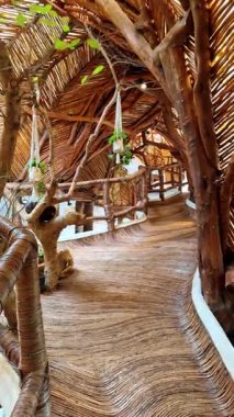 Deniz yosunu sahilde yıkanmış. Açık mavi gökyüzünün altında, kıyı şeridi yakınındaki ıslak kumda duran kahverengi yosun yığını..