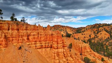 Red Canyon, Utah, ABD 'deki kolon kaya oluşumları. Nadir çam ağaçları manzara boyunca yetişir. Hava görünümü.