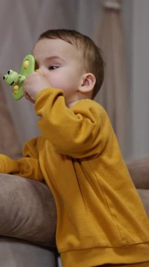 Kanepede ağzında oyuncakla duran tatlı küçük çocuk. Sevimli çocuk dişleri büyüdüğünde oyuncakları ağzına çeker. Dikey video