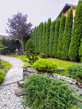 Taştan yolu olan bahçeli bir bahçe. Taştan yolları ve manikürlü yeşillikleri olan bahçeli bir ev.
