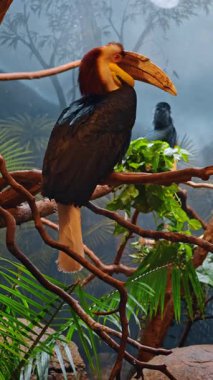 Yeşillik hayvanat bahçesinde boynuz faturası manzarası. Hayvanat bahçesindeki yeşil bitkilerle çevrili büyük gagalı egzotik boynuz gagası..