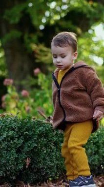 Sarı takım elbiseli, kahverengi ceketli sevimli bir bebek dışarı çıkıyor. Çocuk yeşil çalılara dokunur ve sonra yola atlar. Dikey video