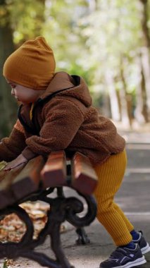 Beyaz çocuk sıcak kıyafetler giyip parktaki bankta duruyor. Çocuk kestaneyi fırlattı ve onu almaya gitti. Dikey video