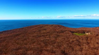 Ağaçlarla kaplı, yapraksız tepe üzerinde uçmak. Arkaplandaki sonsuz mavi su manzarasına yaklaşıyoruz. Deniz kıyısında güneşli bir sonbahar günü.