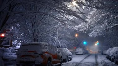 Güzel caddenin manzarası kalın pofuduk karla örtülü. Arabalar ve ağaçlar geceleri beyaz karla kaplıdır..