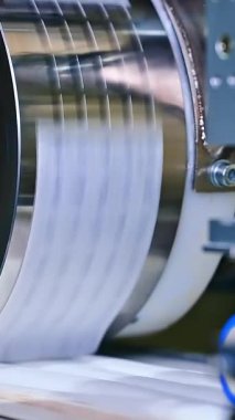 Bebek bezi üretimi için bir fabrika. Özel bir makinede büyük miktarda bebek bezi üretimi