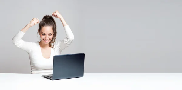 그녀의 휴대용 퍼스널 컴퓨터와 함께 갈색 머리의 아름다움. — 스톡 사진