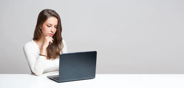Brunette beauty with her laptop. — Stock Photo, Image